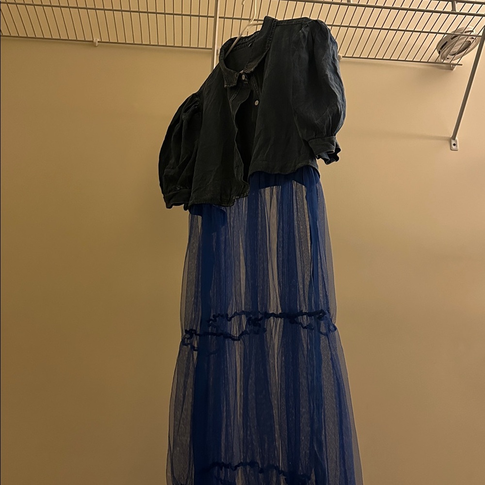 Elegant High Low Dress with Blue Accents